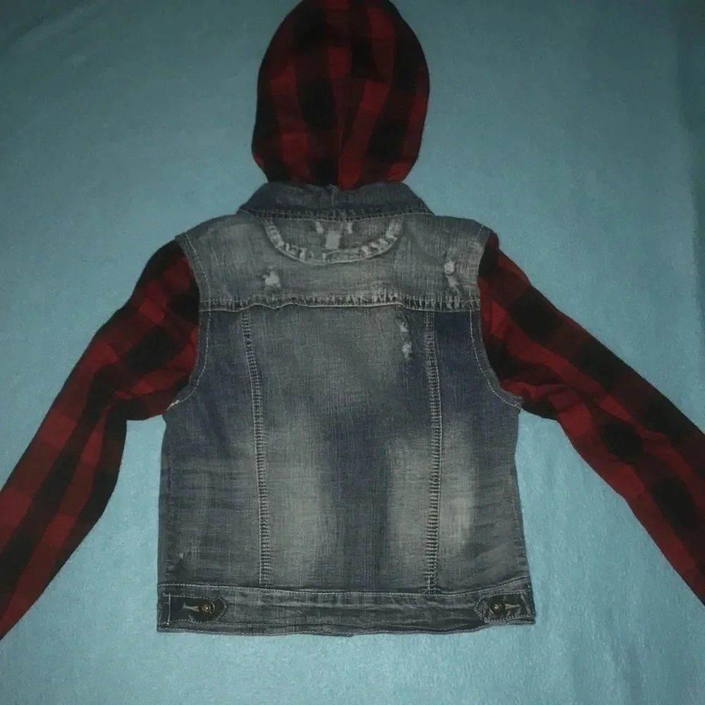 𝅺BONGO denim and plaid button up jacket with detachable hood Y2K size M - Picture 2 of 10
